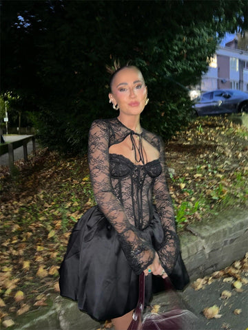 Autumn And Winter Series Lead Lace Long-Sleeved Black Lace Shoulder-Puff Mini Dress Beauty